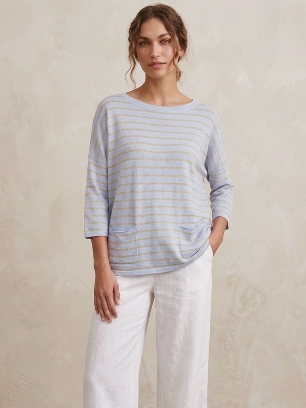 LILLY PULITZER Gold and Blue‎ Striped Boatneck Oversized Sweater Women’s Size S